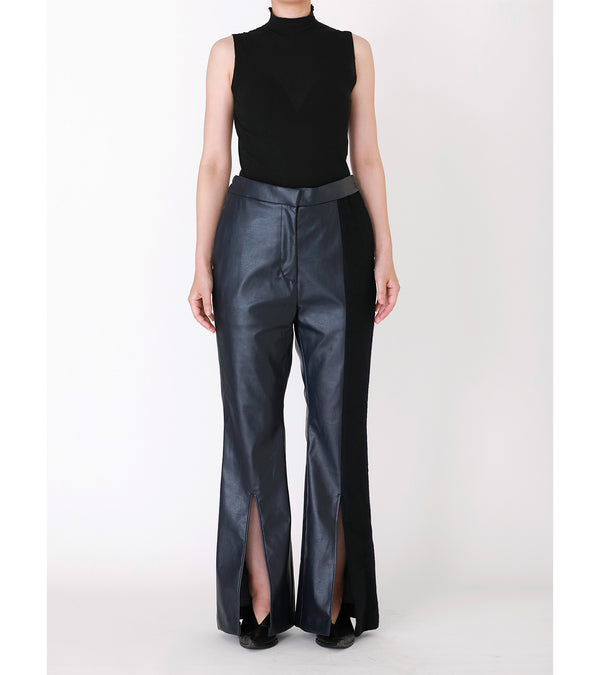 fake leather slit trousers - navy